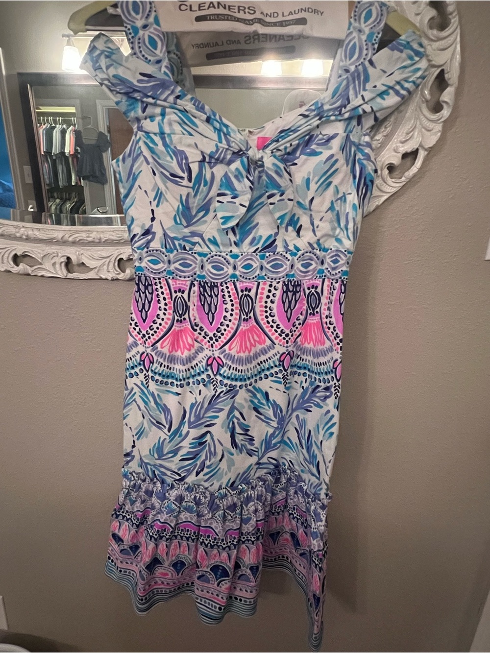 Lilly Pulitzer Blue, Pink and White Printed Off-Shoulder Midi Dress